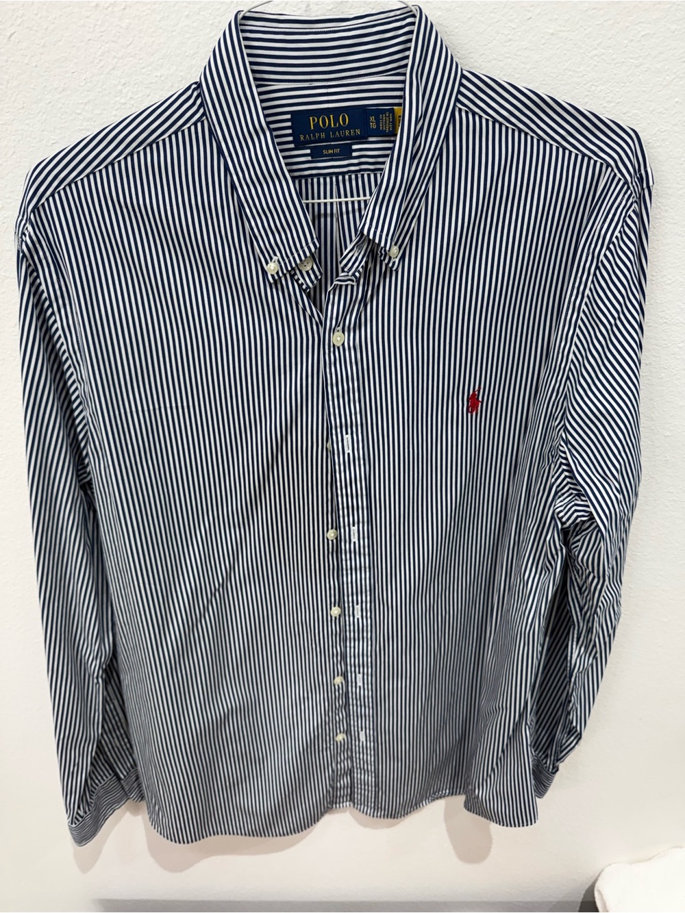 Polo by Ralph Lauren Navy & White Fine-Striped Button-Down Shirt with Red Pony